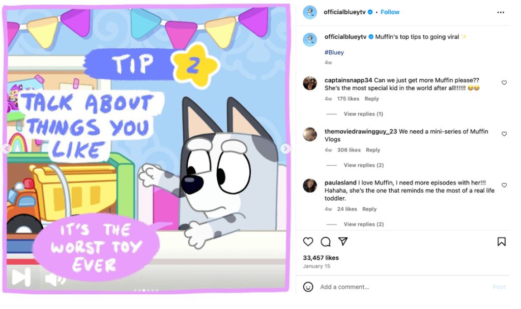 An Instagram post from the children’s TV show Bluey with comments from fans of Muffin.