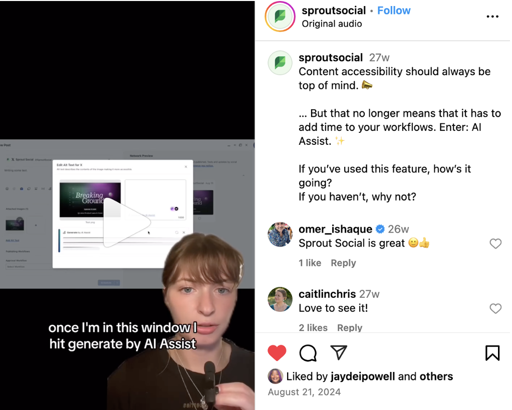 An Instagram post from Sprout showing how the Sprout Social team uses Sprout’s AI Assist to streamline the process with AI-generated alt text.