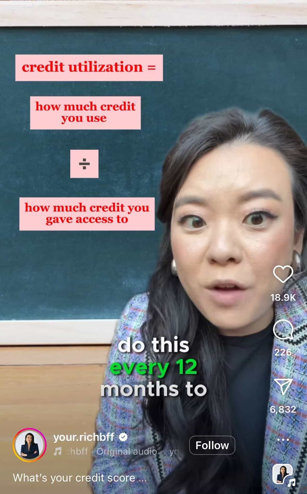 An Instagram Reel by Vivian Tu, also known as @YourRichBFF, breaking down credit scores. 