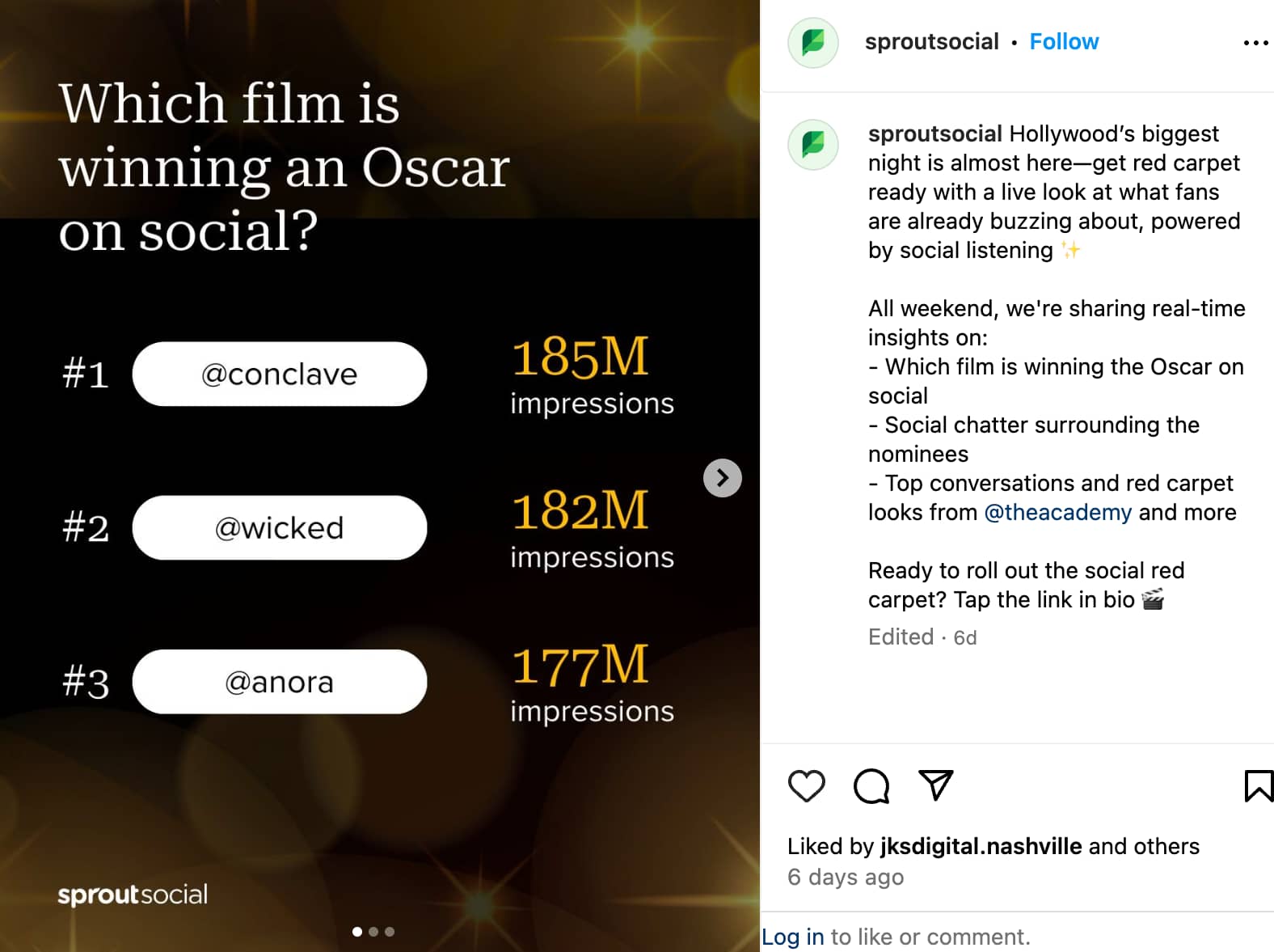 A carousel from Sprout Social sharing trending topics from the 2025 Oscars. 