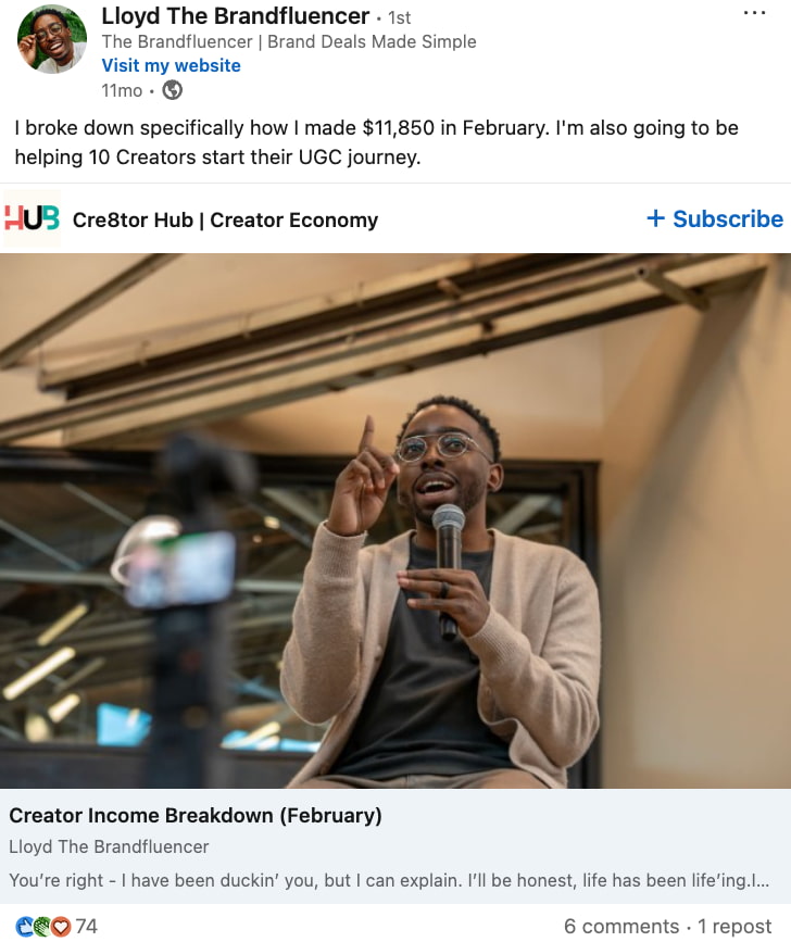 A LinkedIn post from Lloyd the Brandfluencer promoting his newsletter about his UGC creator journey.