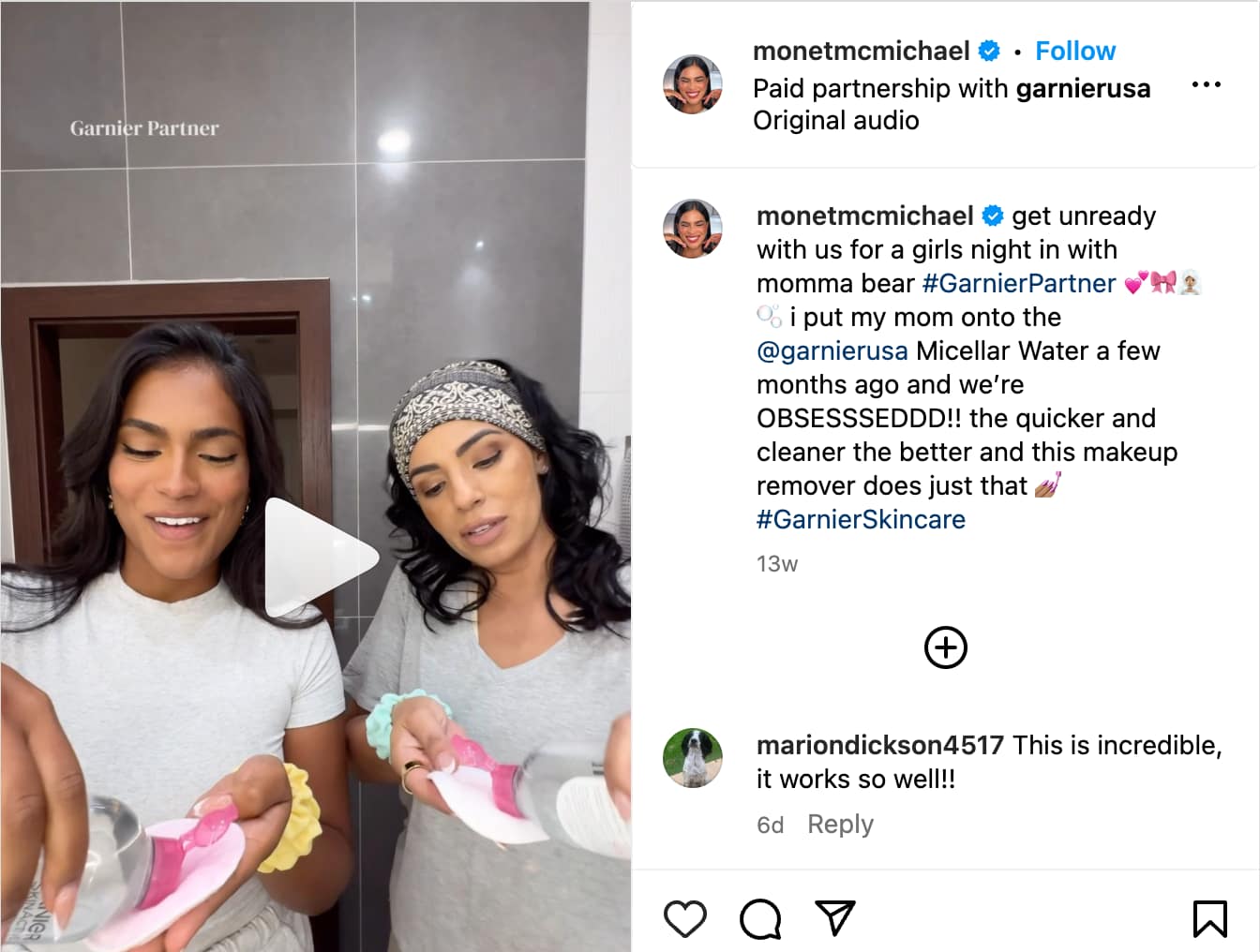 A video by influencer Monet McMichael for her partnership with Garnier. 