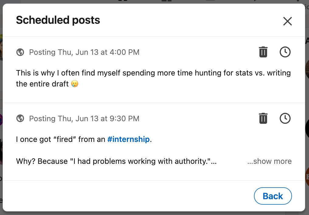 A screenshot of scheduled posts in the native LinkedIn post scheduler queue.