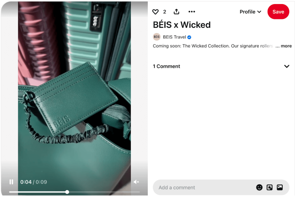 A Pinterest video promoting BÉIS’ Wicked collection, showcasing pink and green suitcases, handbags, and cardholders.