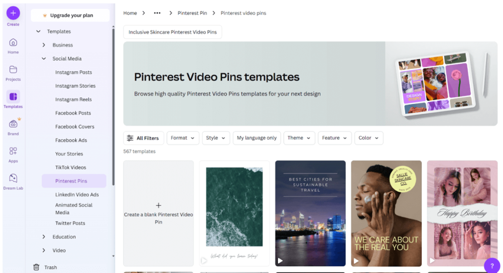 A Canva webpage showcasing templates for Pinterest video Pins that marketers can adapt for their upcoming designs.