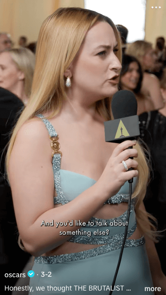 TikTok post from the Oscars with Amelia Dimoldenberg interviewing on red carpet