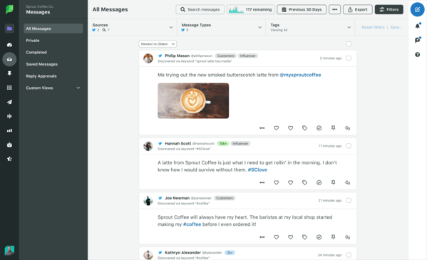 The Sprout Social Smart Inbox offers a unified interface to respond to messages across social platforms