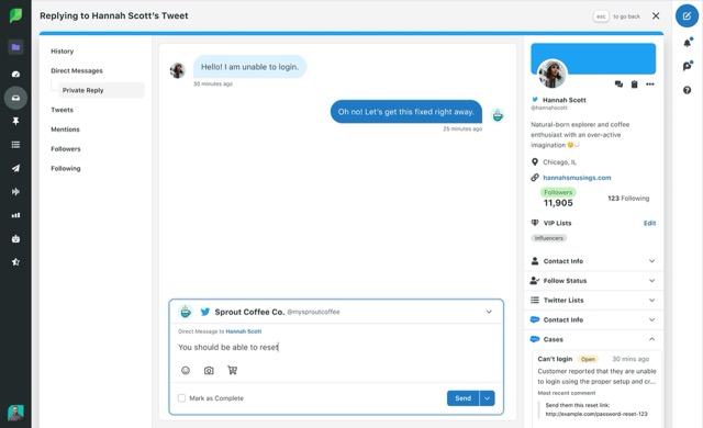 The contact view in the Smart Inbox. You can see the Sprout user responding to a customer, and the customer's Salesforce information in the panel on the right side of the screen.